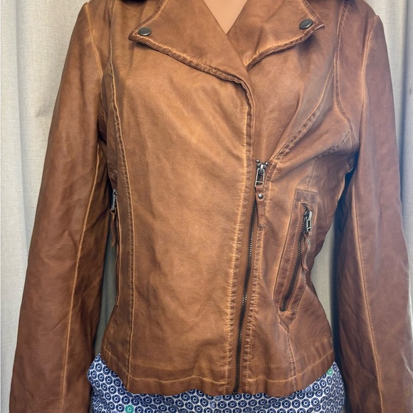Max Studio Tan Leather Moto Jacket Fitted Silhouette - Picture 16 of 16